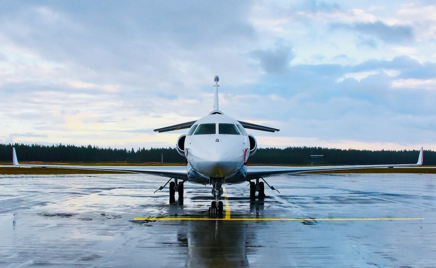 Private jet on a wet ramp